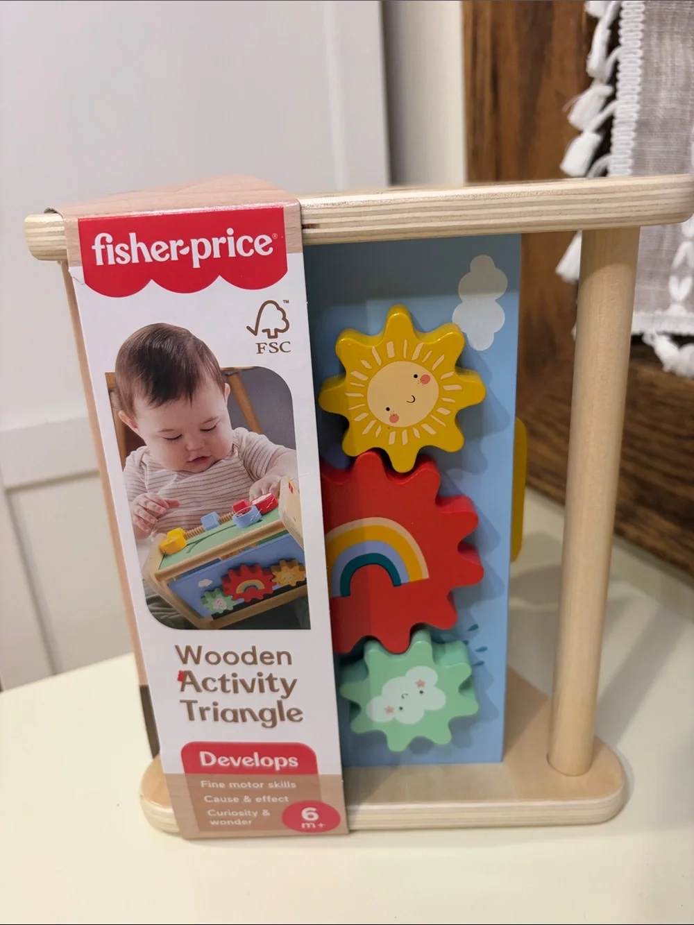 Fisher-Price Wooden Activity Triangle with Red, Yellow, Blue and Green Gears